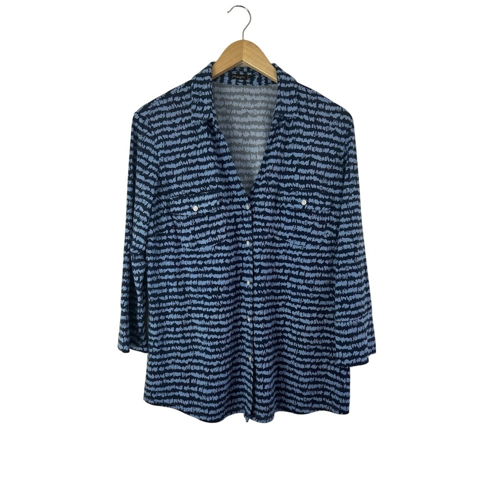 J Mclaughlin Brynn Top Blue Stripe Jersey Knit Womens XL 3/4 Sleeve Button‎ Down